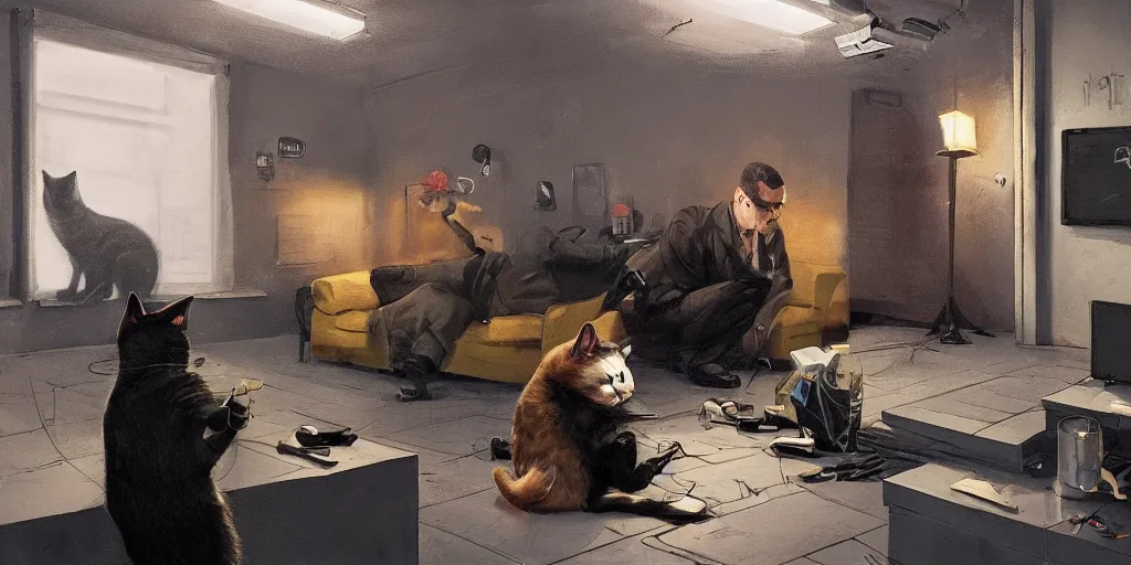 Prompt: tom the cat man in a suit is being interrogated by the officer jenkins the policeman cat in the interrogation room, zenith view, warm color palette, night time, dramatic lighting, noir film, fine details, high contrast, blacksad, juan diaz canales, juanjo guarnido, greg rutkowski, trending on artstation, 8 k, ultra wide angle