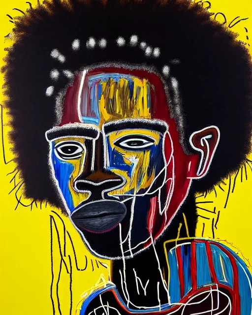 Prompt: A extremely ultra highly detailed majestic hi-res beautiful immaculate head and shoulders award winning painting stunning masterpiece of the face of a strong black african man with an afro by Jean-Michel Basquiat, 8k, high textures, ultra hyper sharp, insanely detailed and intricate, super detailed, 8k HDR ultra high quality