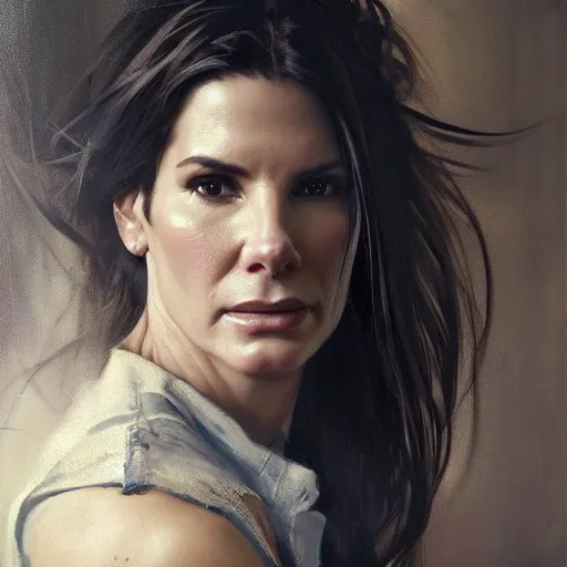 Image similar to hyperrealist portrait of sandra bullock. by jeremy mann and alphonse mucha, fantasy art, photo realistic, dynamic lighting, artstation, poster, volumetric lighting, very detailed faces, 4 k, award winning