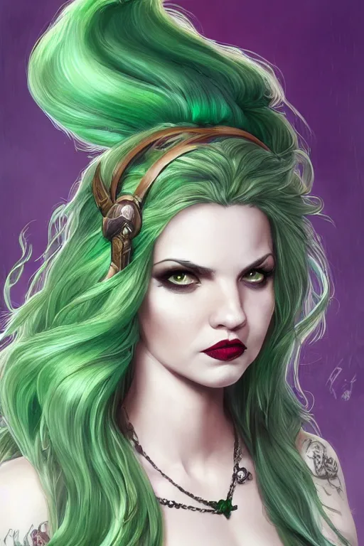 Image similar to green hair tattooed pinup hannah murray, rogue bard, feathers, baldurs gate, diablo, dnd, hulking, herculean, deep focus, turnaround, fantasy, intricate, elegant, highly detailed, digital painting, artstation, concept art, matte, sharp focus, illustration, hearthstone, art by artgerm and greg rutkowski and alphonse mucha.