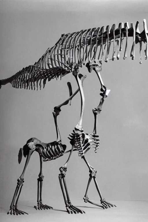 Prompt: skeleton of a dinosaur. museum photograph.