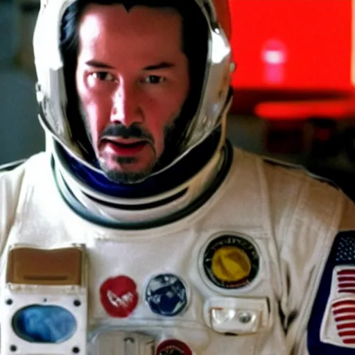 Image similar to Keanu reeves in a spacesuit with helmet on, headshot, photo still