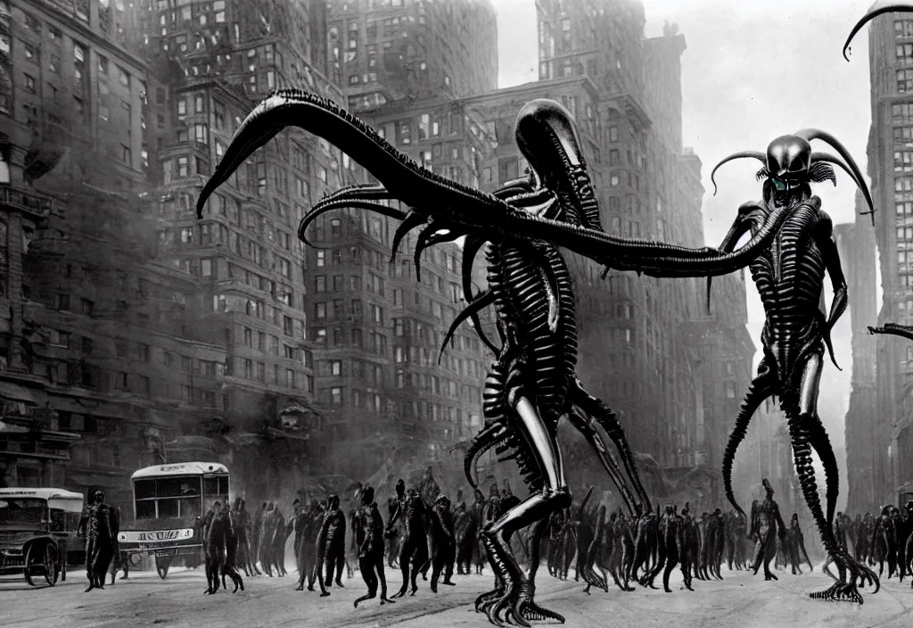 Prompt: old black and white photo, 1 9 1 3, depicting a xenomorph from the movie aliens rampaging through the bustling streets of toronto, historical record
