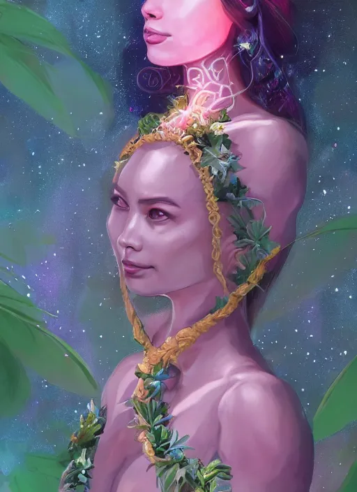 Image similar to portrait of Celestial Hawaiian Goddess of the Multiverse as a futuristic princess, inside future fighter, pink blush, rule of thirds, face anatomy, sci-fi, fantasy, intricate, lush garden spaceship, elegant, human anatomy, royal green and nature light, highly detailed, digital painting, artstation, concept art, smooth, sharp focus, illustration, art by tian zi and WLOP and alphonse mucha