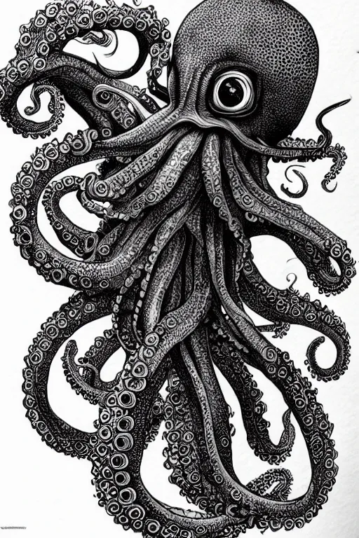 Image similar to black ink on paper, alien octopus, trending on artstation, beautiful, intricate, detailed