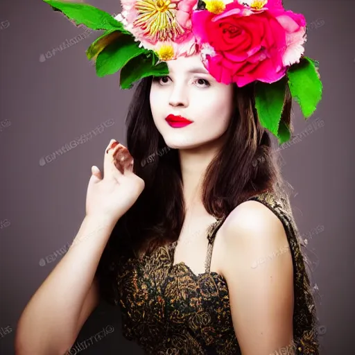 Image similar to a beautiful portrait of a female model with flower headpiece for photoshoot, photography