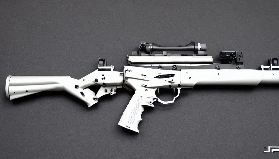 Prompt: extremely detailed realistic side view of a sci fi bullpup assault rifle, detailed pistol trigger, chemically propelled, massive battery, smooth and square, caseless ammo, side fed, railgun, chemrail, gauss, elegant sleek smooth body, white paint, sleek utopian design, ultra high quality, realistic, octane, call of duty, warframe, terminator