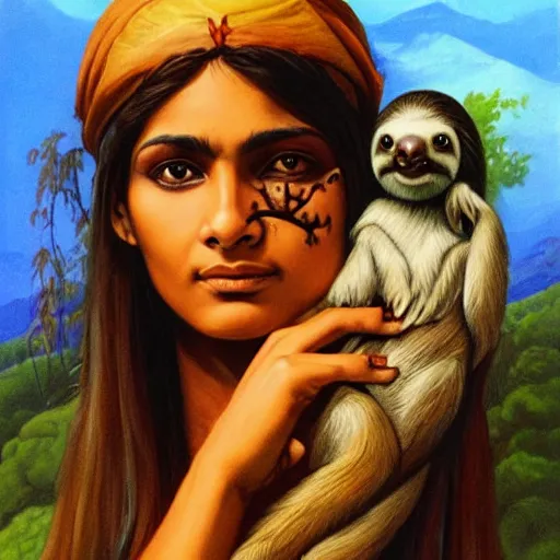 Prompt: a cottagecore beautiful young indian witch holding a cute sloth, highly detailed, masterpiece, illustrated, art by boris vallejo