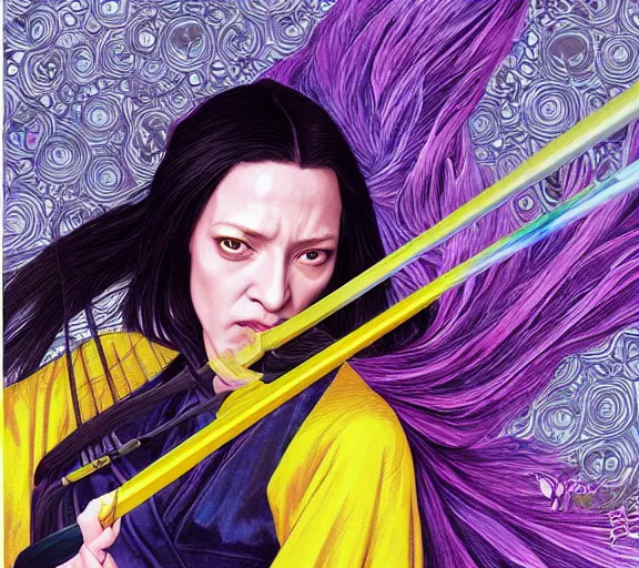 Image similar to breathtaking detailed pattern pastel colors, cinematic action scene from kill bill, with uma thurman in yellow kimono, swinging katana sword by wlop and artgerm, exquisite detail, enhanced eye detail