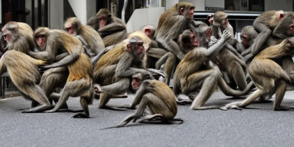 Image similar to a tight shot of a dozen monkeys attacking a street in Japan by Ashley Wood, rule of thirds