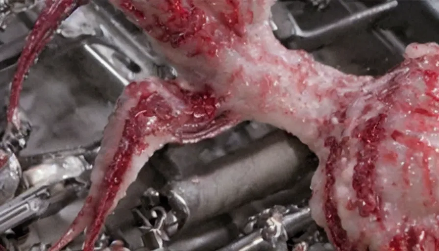 Prompt: Big budget horror movie, a squid bloodily rips out a cyborg's intestines