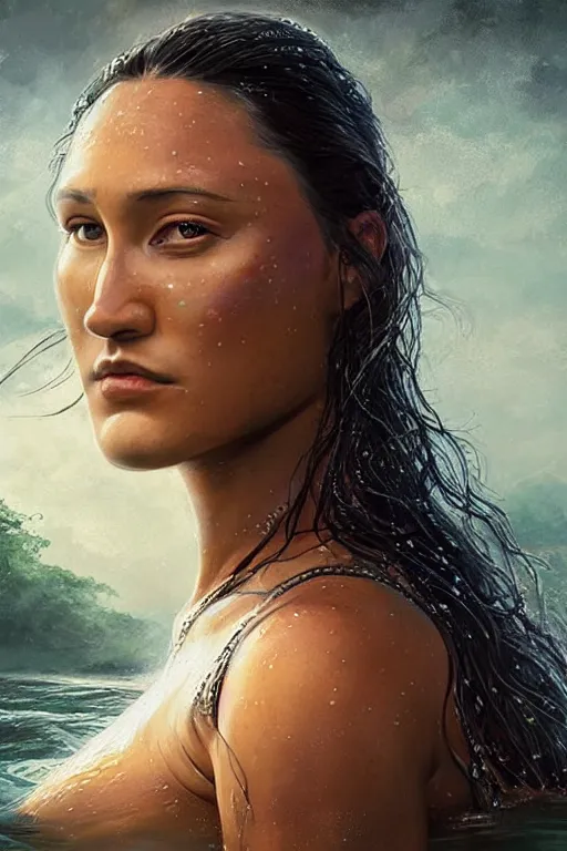 Image similar to a beautiful portrait of q'orianka kilcher as a mermaid in a river of the amazon, hyper realistic face, beautiful eyes, fantasy art, in the style of greg rutkowski, intricate, hyper detailed, smooth