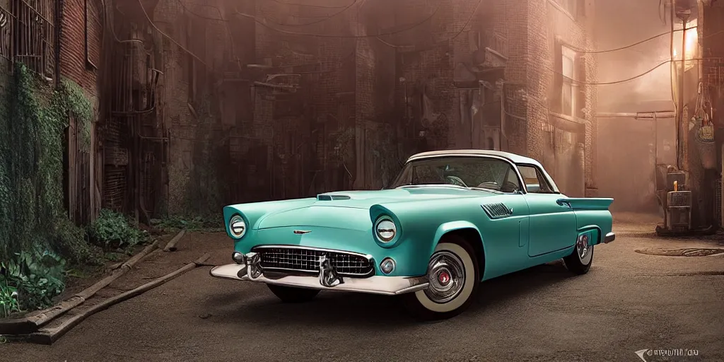 Image similar to a wholesome animation key shot of a focused old 1955 Ford Thunderbird car parked in an abandoned alleyway, medium shot, waist up, studio Ghibli, Pixar and Disney animation, sharp, very detailed, high resolution, Rendered in Unreal Engine 5, anime key art by Greg Rutkowski, Bloom, dramatic lighting