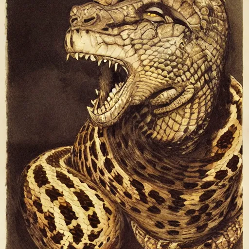 Prompt: coiled rattlesnake neck eyes fangs serpent serpent python wearing a lion lion costume neck tall long snake viper j.m.w. turner greg rutkowski giorgio de chirico william merritt chase ralph steadman arsen savadov dan witz uta natsume aquatint