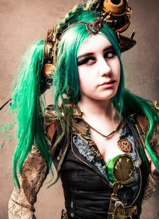 Image similar to a girl with green hair wearing steampunk clothes