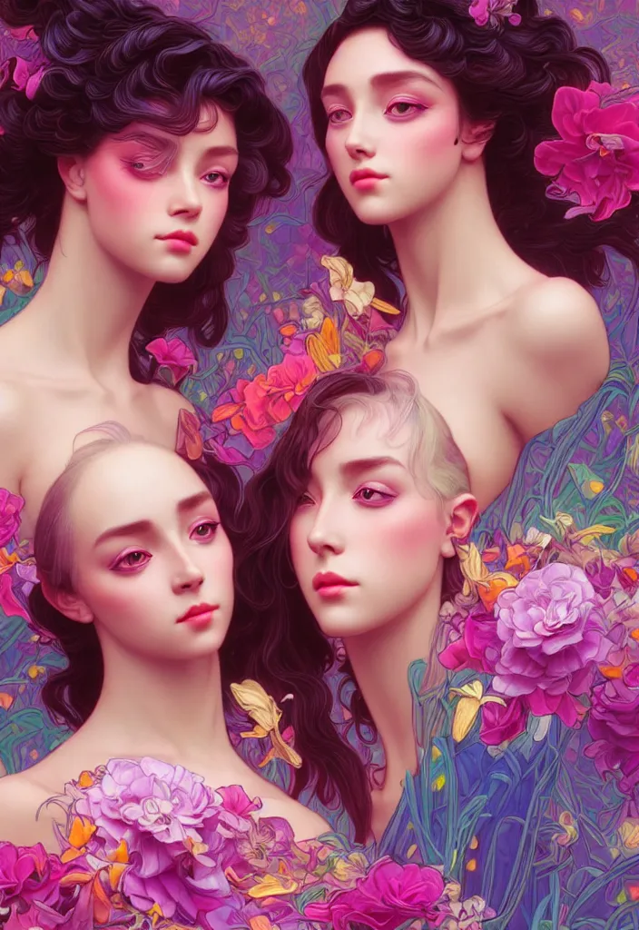 Prompt: young beautiful women, siamese twins, gorgeous face, vaporwave aesthetic, synthwave, colorful, psychedelic, artstation, flowers, bees, full - body, gown, smooth, extremely sharp detail, finely tuned detail, 8 k, unreal engine 5, ultra sharp focus, illustration, art by artgerm and greg rutkowski and alphonse mucha