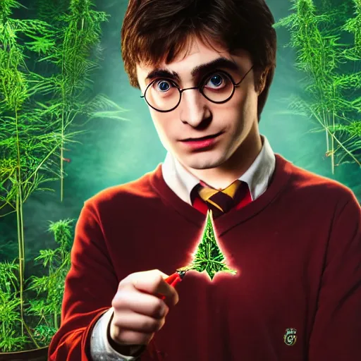 Image similar to harry potter holding a joint as his wand and smoking weed and surrounded by green dense weed kush plants, smoke in front, smoke behind, smoke background, red eyes, smoking weed, hyper detailed, cinematic lighting, studio quality, smooth render,