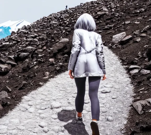 Image similar to beautiful silver hair young woman walking up Mount Fuji in the style of studio ghibli manga