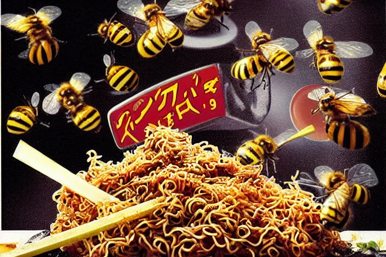 Image similar to mcdonald's fried bees in a yakisoba, in 1 9 9 5, y 2 k cybercore, advertisement photo. artwork by craig mullins