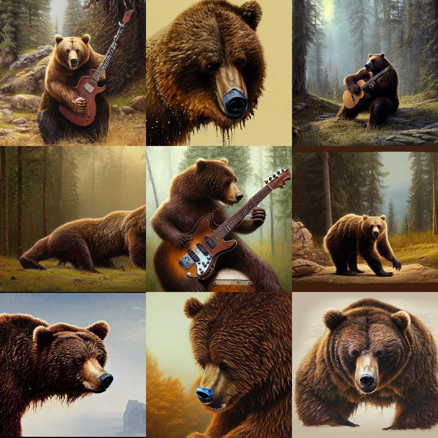 Prompt: Realistic brown bear playing Lenny Kravitz's guitar, by Antonio Caparo and Ferdinand Knab and Greg Rutkowski UHD photorealistic trending on artstation