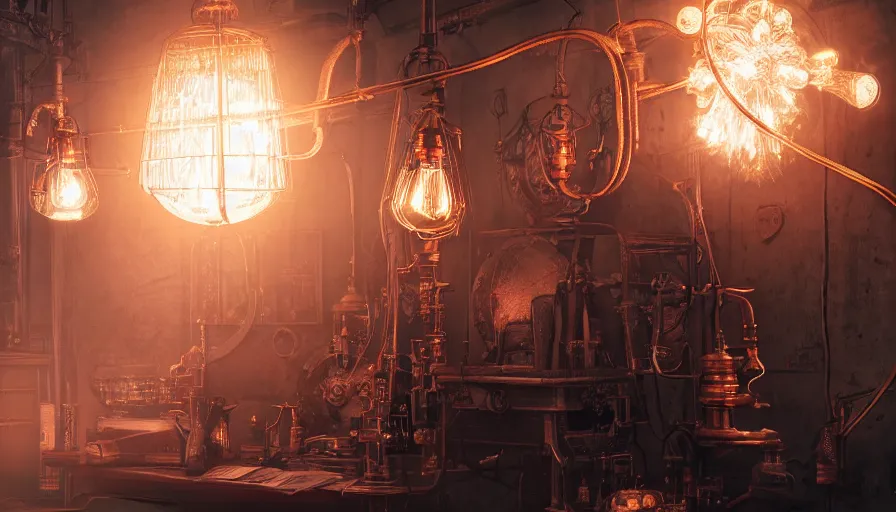 Prompt: A glowing electrical Steampunk jacket in a victorian museum, james gurney, cinematic lighting, lots of steam and sparks, wires made of copper, artstation, vibrant nature, Tuomas Korpi, tekkon kinreet, volumetric light, artstation, , octane render, redshift render, low angle camera, rich deep moody colors