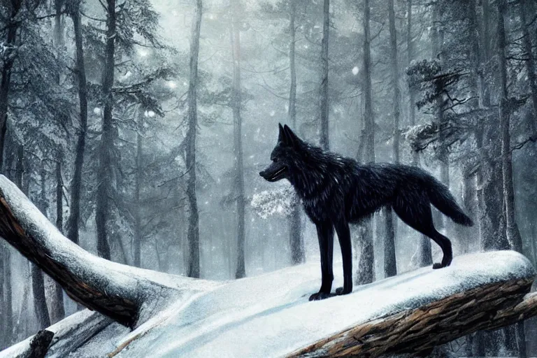 Image similar to a black wolf, standing on top of a fallen tree, winter forest, fantasy, greg rutkowski, cinematic, extremely detailed