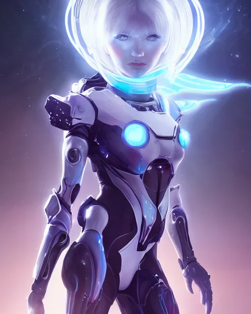 Image similar to perfect android girl on a mothership, warframe armor, beautiful face, scifi, futuristic, galaxy, nebula, raytracing, dreamy, long white hair, blue cyborg eyes, sharp focus, cinematic lighting, highly detailed, artstation, divine, by gauthier leblanc, kazuya takahashi, huifeng huang