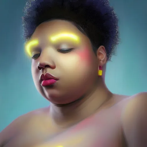 Image similar to beautiful oil painting of a fat light skinned woman with an afro, beautiful eyes, artstation, volumetric lights, highly detailed, concept art, sharp focus, beautiful face