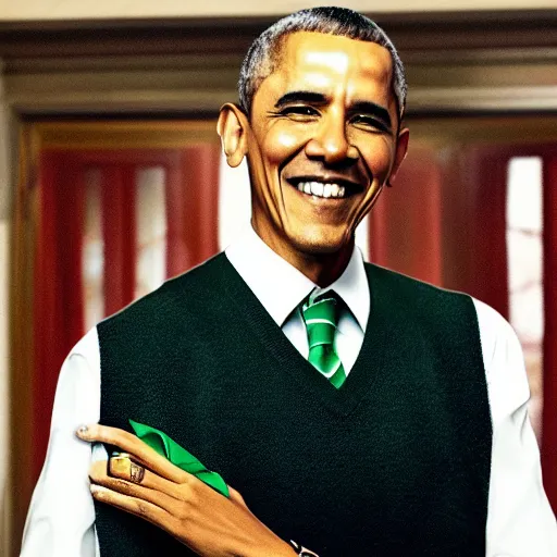 Image similar to realistic photo of casual barack obama with red hair wearing a black sweater and a green bow tie, still from riverdale