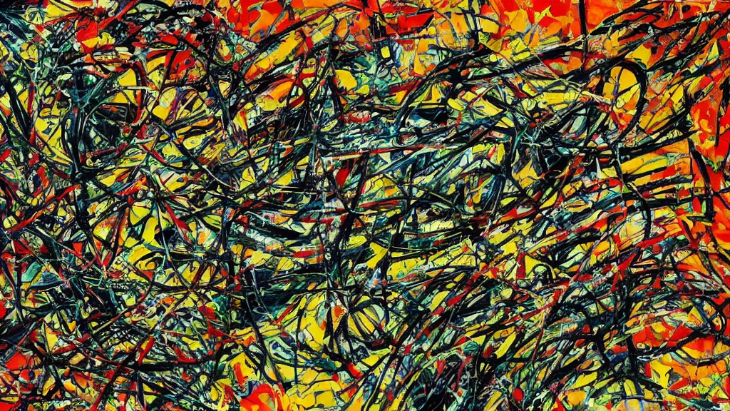 Prompt: abstract art painting, lines, forms, shapes, in style of jackson pollock, 4 k, high resolution details,