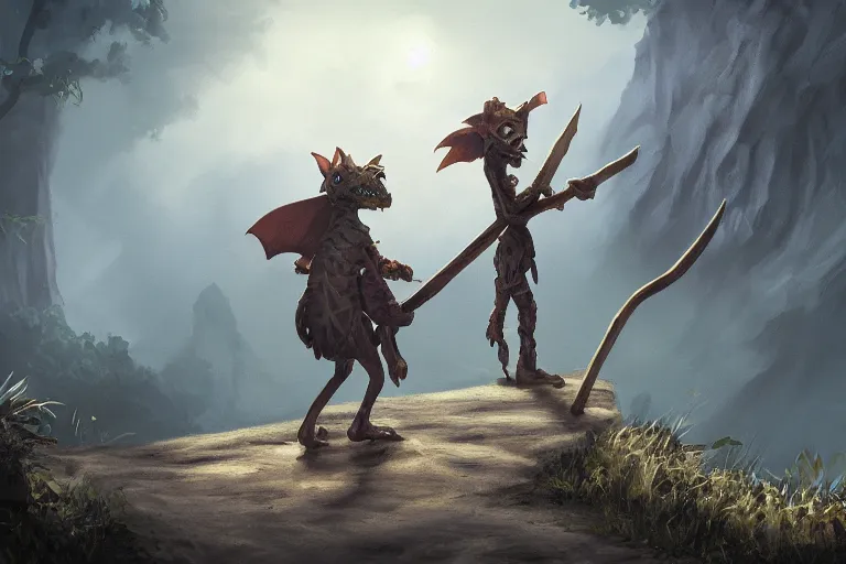 Image similar to a lone d & d kobold, traveling long dirt road, carrying a hobo stick over its shoulder, fantasy setting, 4 k, little draconic humanoid, super detailed, mood lighting, digital art