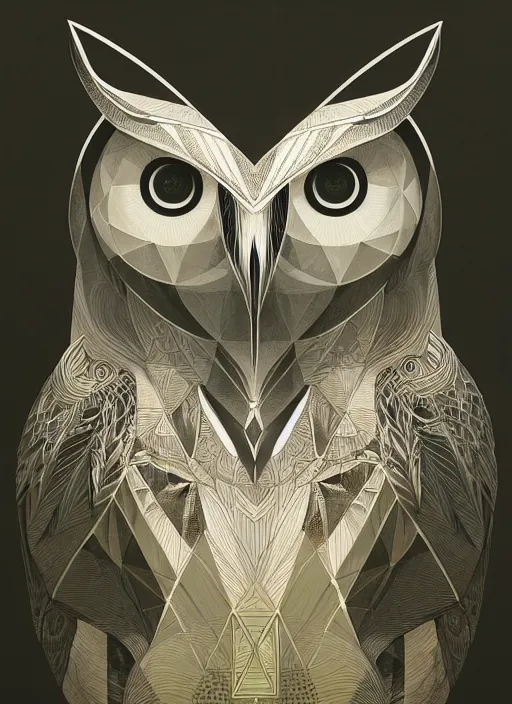 Image similar to portrait of a geometric owl, identical eyes, medium shot, illustration, full body made of white feathers, symmetrical, art stand, super detailed, cinematic lighting, and its detailed and intricate, gorgeous, by peter mohrbacher