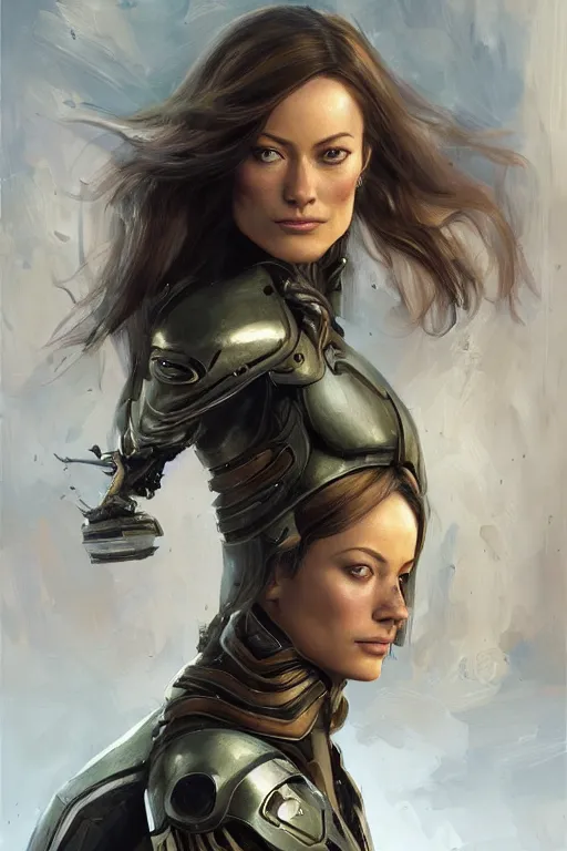 Image similar to a professional painting of a young Olivia Wilde, clothes in military armor, olive skin, long dark hair, beautiful bone structure, symmetrical facial features, intricate, elegant, digital painting, concept art, smooth, sharp focus, illustration, from StarCraft by Ruan Jia and Mandy Jurgens and Artgerm and William-Adolphe Bouguerea