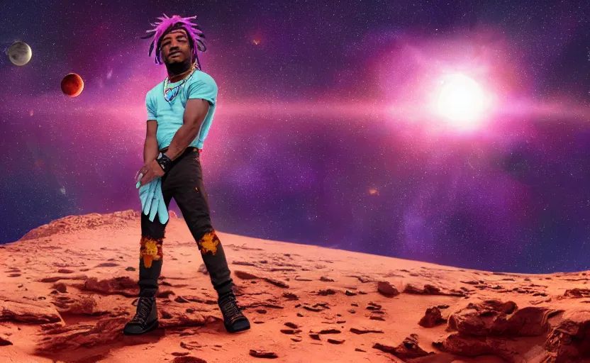 Prompt: Lil Uzi Vert chilling on Mars, planetary digital art of Lil Uzi Vert