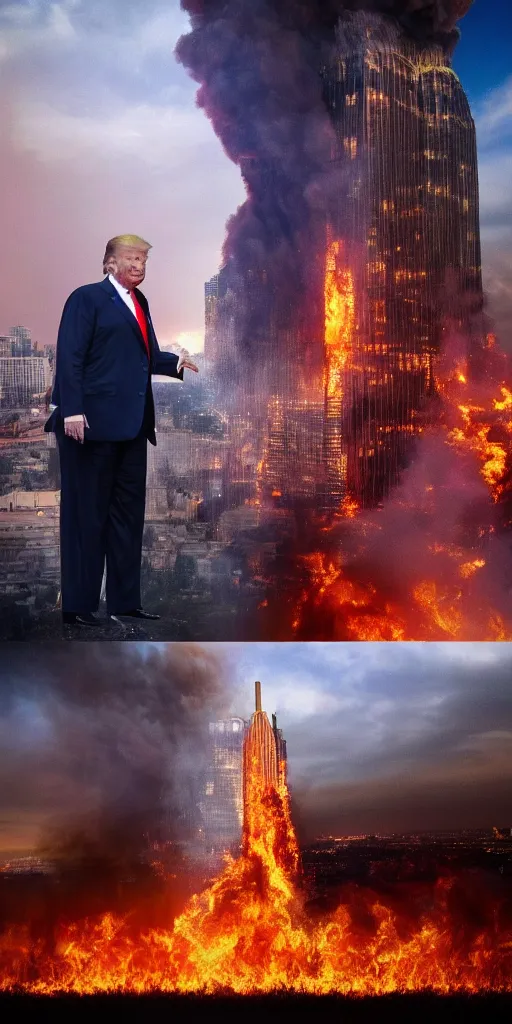 Prompt: a beautiful photo of donald trump being unfazed by the fact that the trump tower is burning, intricate details, photography, volumetric light, 8 k