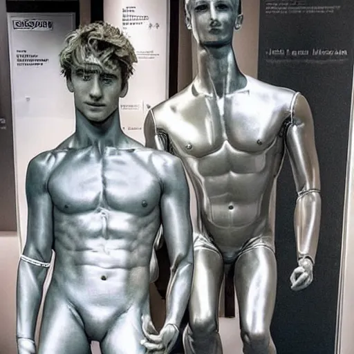 Image similar to “a realistic detailed photo of a guy who is an attractive humanoid who is half robot and half humanoid, who is a male android, British diver Jack Laugher & Chris Mears, shiny skin, posing like a statue, blank stare, at the museum, on display”