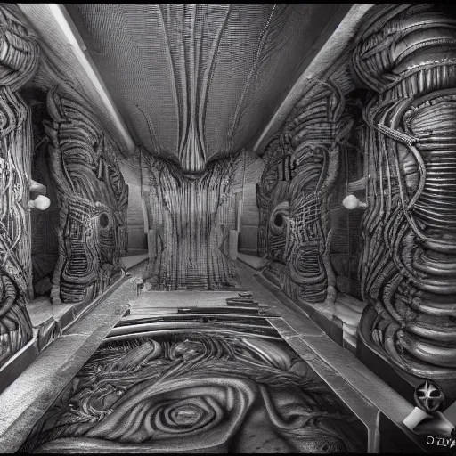 Image similar to HYPER REALISTIC VFX SIMULATION of one of H.R GIGER'S works, INTRICATELY DETAILED 3D OCTANE RENDER