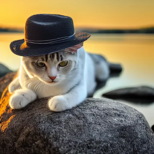 Prompt: a detailed professional photo of a cat wearing a hat, sitting on rock next to a lake at sunset, 4K,