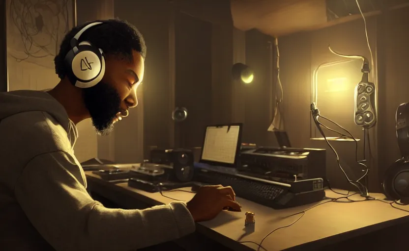 Prompt: light skin black man with headphones at his home studio producing music late at night, very detailed, 4 k, concept art like ernest khalimov, intricate details, highly detailed by greg rutkowski, ilya kuvshinov, gaston bussiere, craig mullins, simon bisley