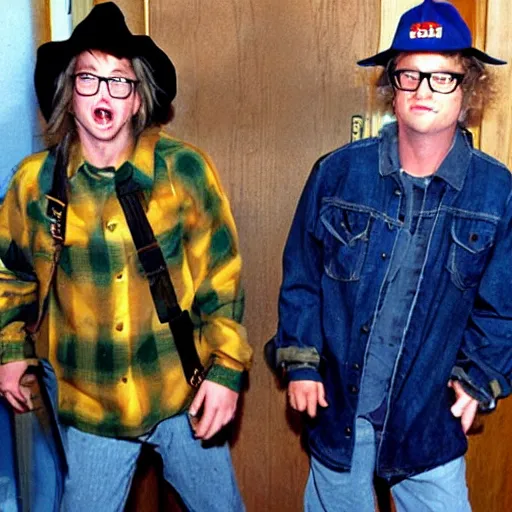 Prompt: wayne and garth go to the party