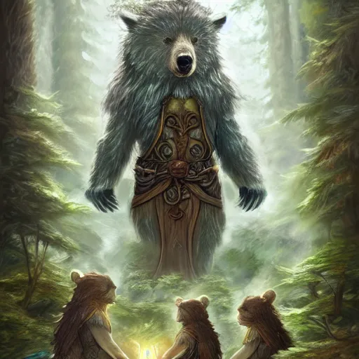 Image similar to elven druid summoning bears in the forest, d & d inspired, trending on artstation, ultra fine detailed, hyper detailed, hd, concept art, digital painting