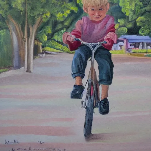 Prompt: a painting of a boy riding a bicycle in falaiscoglieklippantilado