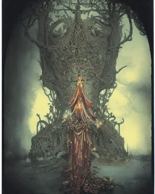 Prompt: a beautiful detailed front view of a dead rotten princess growing ornate baroque, ornamentation, elegant, beautifully soft lit, by wayne barlowe, peter mohrbacher, kelly mckernan, 1 9 1 0 polaroid photography