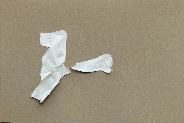 Prompt: “Hey it's me I just got off the train. Minimalist painting in the style of Dima Rebus. cream colored paper with torn edges.”