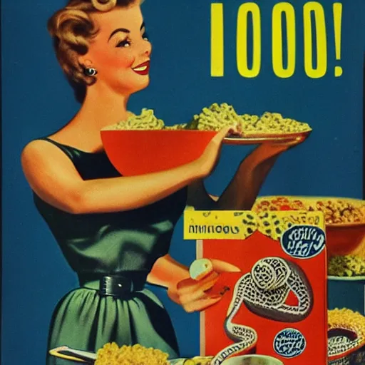 Image similar to a 1 9 5 0 s stylized advertisement for a snake themed cereal product, art, circa 1 9 5 0 s