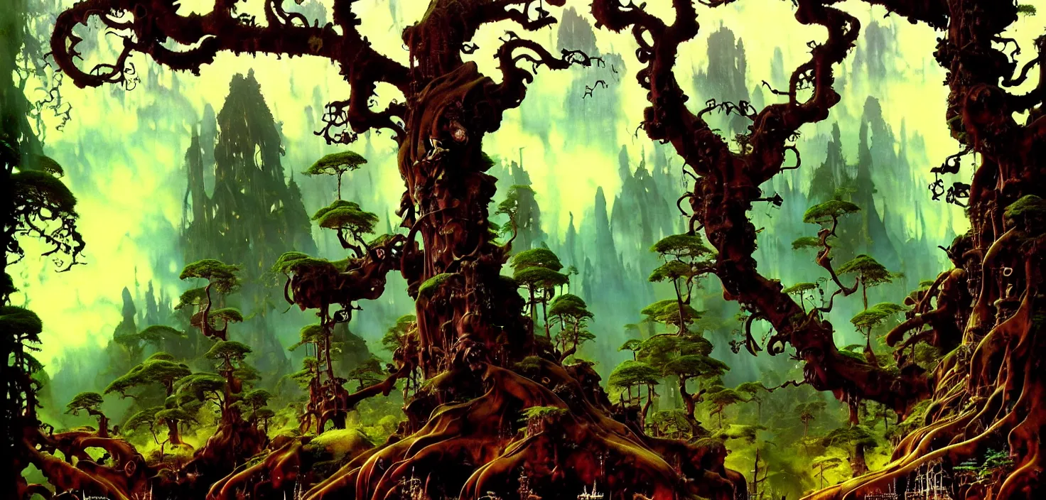 Prompt: exquisite imaginative fantasy landscape lush forests, moody sky, gnarly trees, with steampunk castles movie poster by : : norman rockwell, sargent, james gurney weta studio, trending on artstation james jean frank frazetta