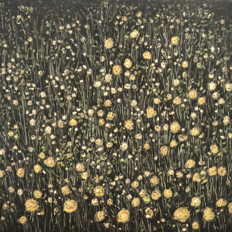 Image similar to dark painting of decaying bones!! in a meadow of flowers