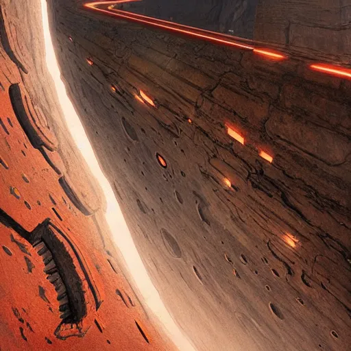 Image similar to a high angle on a wide, deep crack on a red moon with no atmosphere, industrial space colony hugging the cliffs on both sides of the crack, bridges crossing the gap, sci - fi art by greg rutkowski