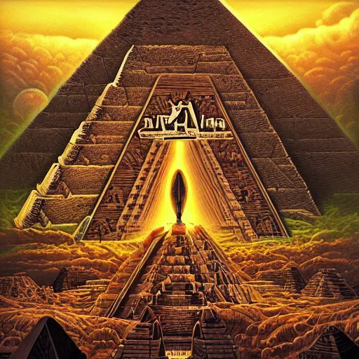 Image similar to the anunnaki gods have returned to the pyramids. a cover of a death metal LP, highly detailed, art, dark and grungy, 4k, 8k, trending on artstation, style of dan mumford and Andrew Ferez