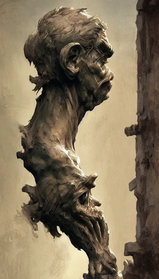 Image similar to wooden gargoyle profiles, paint texture, digital painting, highly detailed, artstation, sharp focus, sunlit, painted by ruan jia, raymond swanland, lawrence alma tadema, zdzislaw beksinski, norman rockwell, jack kirby, tom lovell, alex malveda, greg staples